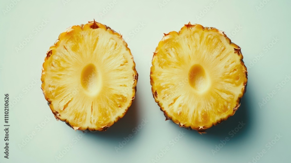Freshly cut pineapple halves displaying juicy yellow flesh and textured rind, positioned on a light background, fruit, tropical, healthy eating, natural food, vibrant colors. Freshly cut pineapple halves displaying juicy yellow flesh and textured rind, positioned on a light background, fruit, tropical, healthy eating, natural food, vibrant colors.