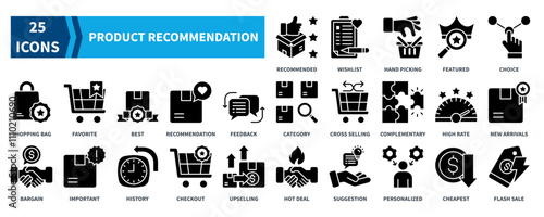 Product Recommendation icon collection set. Containing recommended, wishlist, featured, choice, favorite, best, recommendation, new arrivals, hot deal, flash sale icon. Simple black outline vector.