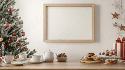Wallpaper Mural The frame is empty, and the table is covered in snowflakes and pine cones Torontodigital.ca
