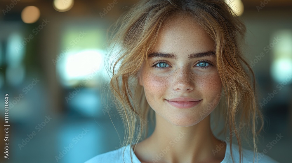 Smiling young woman with natural beauty and positive expression in a bright office environment showcasing confidence and professionalism Smiling young woman with natural beauty and positive expression in a bright office environment showcasing confidence and professionalism