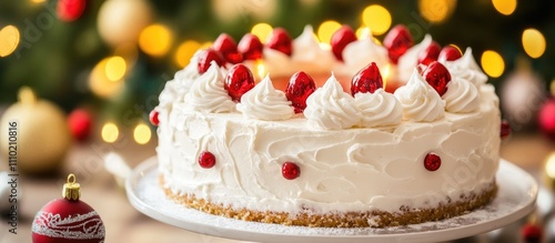 Festive holiday cake adorned with cream and berries surrounded by twinkling lights for celebration gatherings and special occasions