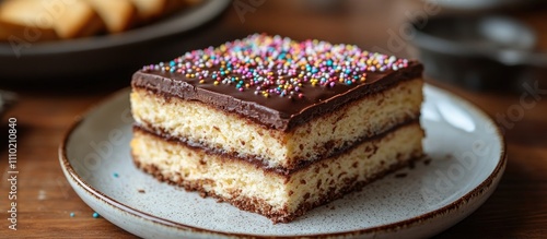 Matzo Layer Cake with Chocolate Frosting and Colorful Sprinkles on a Rustic Plate photo