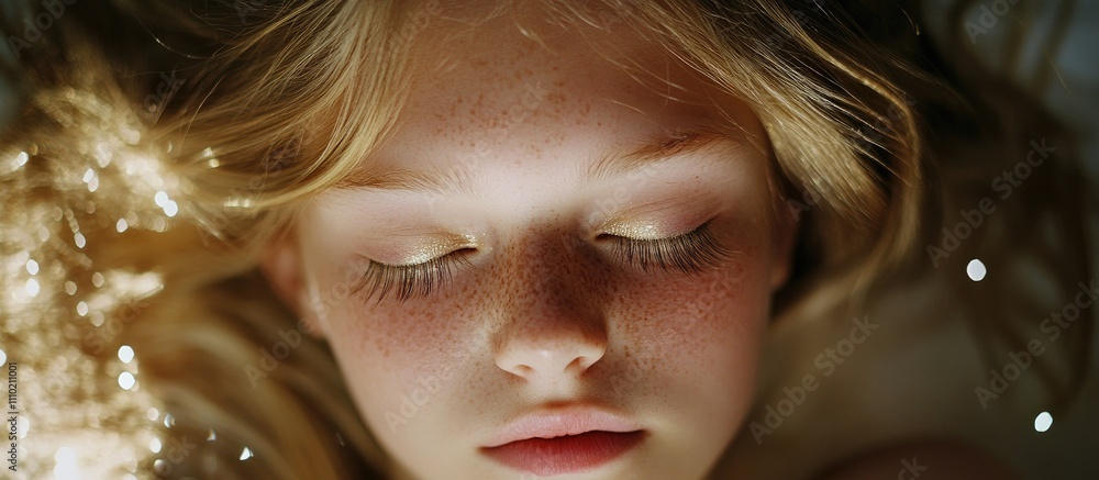 Young girl with closed eyes and long eyelashes, showcasing natural beauty and sparkling elements in a dreamy atmosphere. Young girl with closed eyes and long eyelashes, showcasing natural beauty and sparkling elements in a dreamy atmosphere.