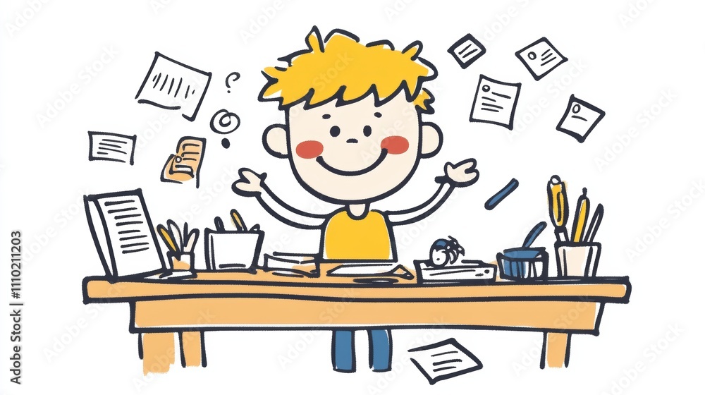 An illustration of an employee smiling while organizing their desk, promoting a clean and clutter-free workspace to reduce stress An illustration of an employee smiling while organizing their desk, promoting a clean and clutter-free workspace to reduce stress