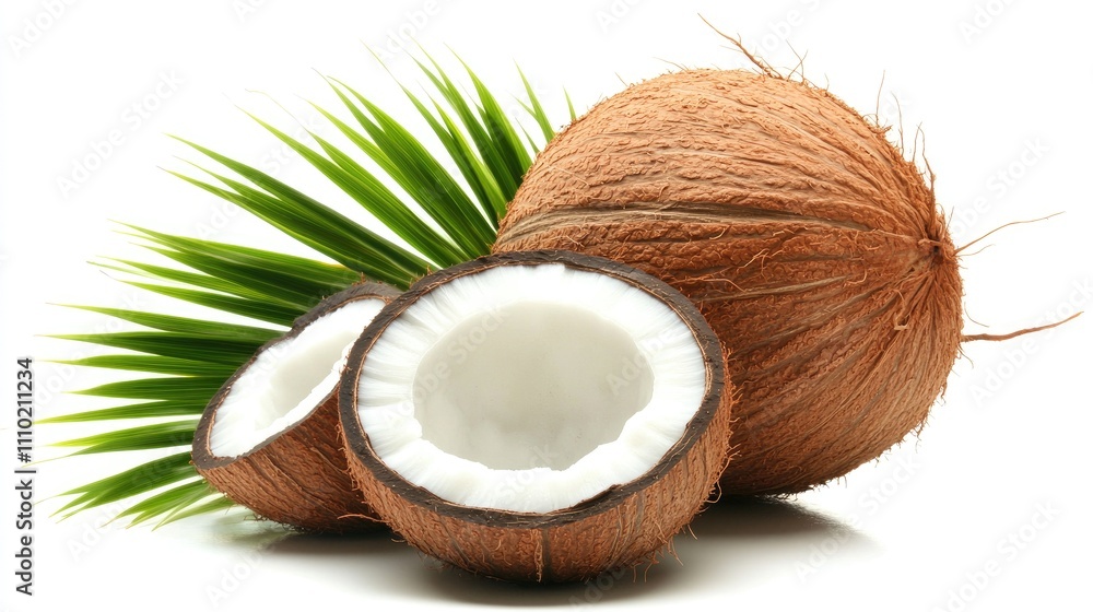 Whole fresh coconut with two halved coconuts, arranged on a white background with green palm leaves, tropical fruit, healthy eating, organic, nutrition, exotic. Whole fresh coconut with two halved coconuts, arranged on a white background with green palm leaves, tropical fruit, healthy eating, organic, nutrition, exotic.