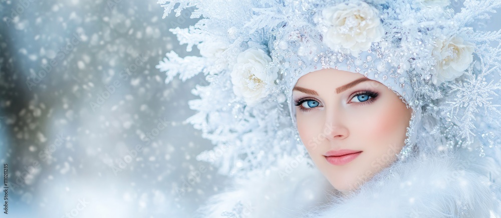 Young woman in elegant Snow Maiden costume with intricate white headdress and winter backdrop conveying a festive and magical atmosphere Young woman in elegant Snow Maiden costume with intricate white headdress and winter backdrop conveying a festive and magical atmosphere