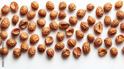 Roasted and shelled peanuts arranged neatly on a clean white background ideal for a snack food advertisement or culinary presentation