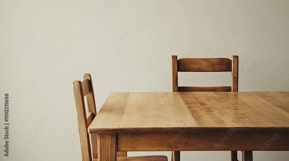 Simple Wooden Table with Two Chairs Against Plain Background Simple Wooden Table with Two Chairs Against Plain Background