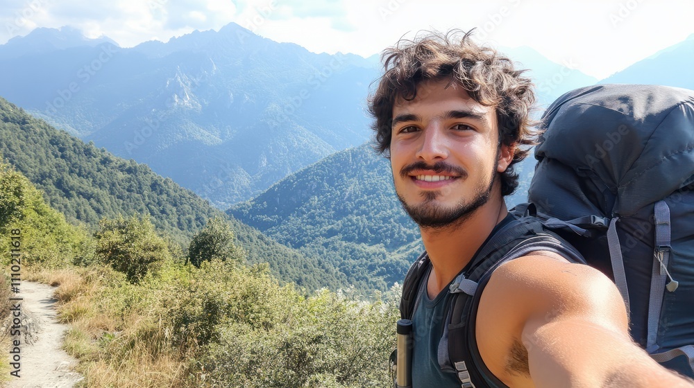 Handsome young man with backpack taking selfie outdoors - Happy hiker standing in front of mountains - Travel blogger enjoying nature view on summer trip Handsome young man with backpack taking selfie outdoors - Happy hiker standing in front of mountains - Travel blogger enjoying nature view on summer trip