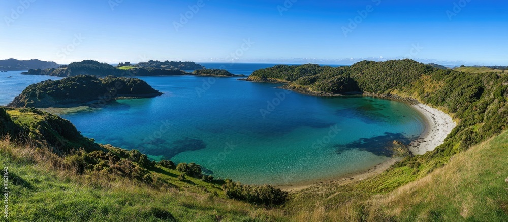 Scenic panoramic view of a turquoise coastal bay under a clear blue sky with lush green hills and serene waters. Scenic panoramic view of a turquoise coastal bay under a clear blue sky with lush green hills and serene waters.