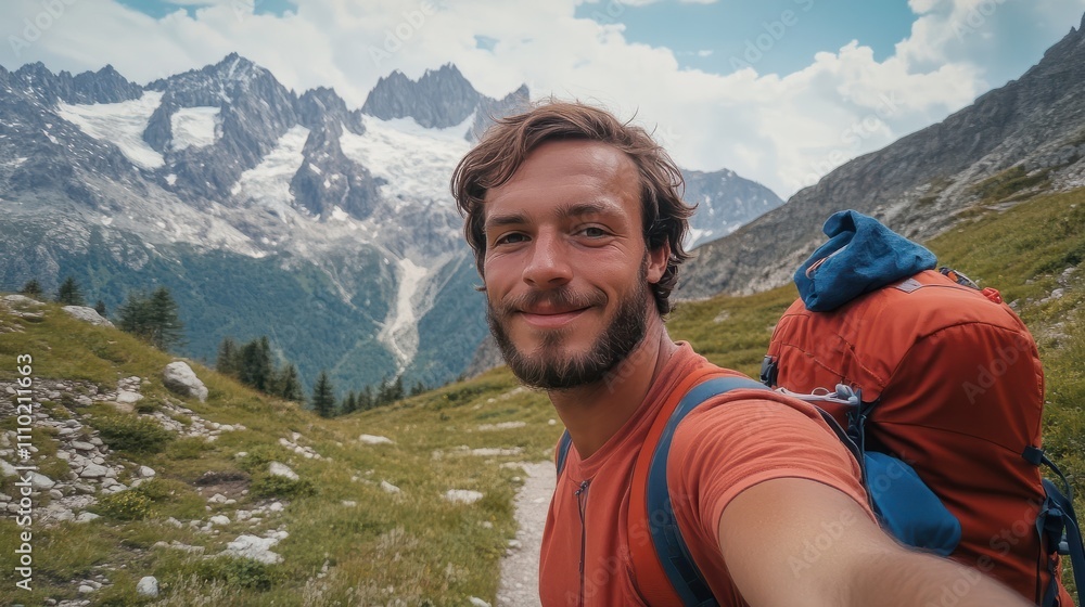 Handsome young man with backpack taking selfie outdoors - Happy hiker standing in front of mountains - Travel blogger enjoying nature view on summer trip Handsome young man with backpack taking selfie outdoors - Happy hiker standing in front of mountains - Travel blogger enjoying nature view on summer trip