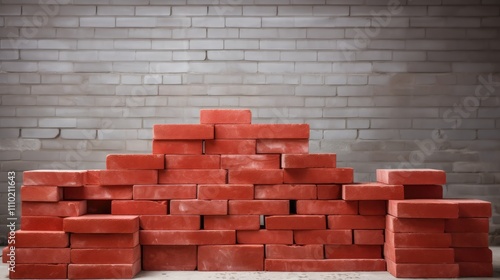 Stacked red bricks at a construction site with a backdrop of white gas block wall showcasing building materials and construction themes. photo