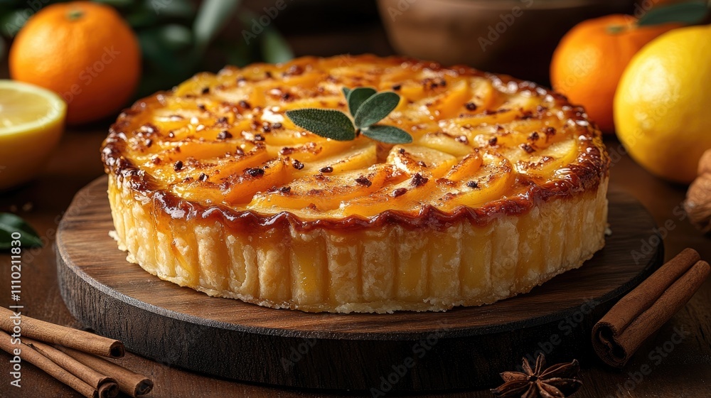 Rustic apple pie with citrus fruits and cinnamon on a wooden table creating a cozy and inviting atmosphere for dessert lovers Rustic apple pie with citrus fruits and cinnamon on a wooden table creating a cozy and inviting atmosphere for dessert lovers
