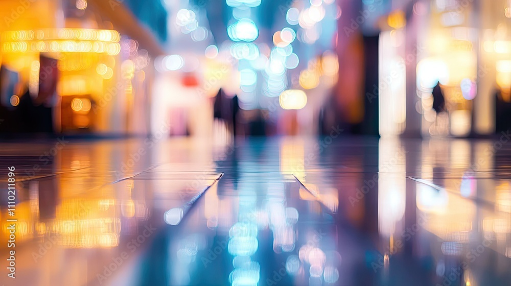 Abstract bokeh lights from a high-end shopping mall's ceiling, blending with soft reflections on shiny floors Abstract bokeh lights from a high-end shopping mall's ceiling, blending with soft reflections on shiny floors