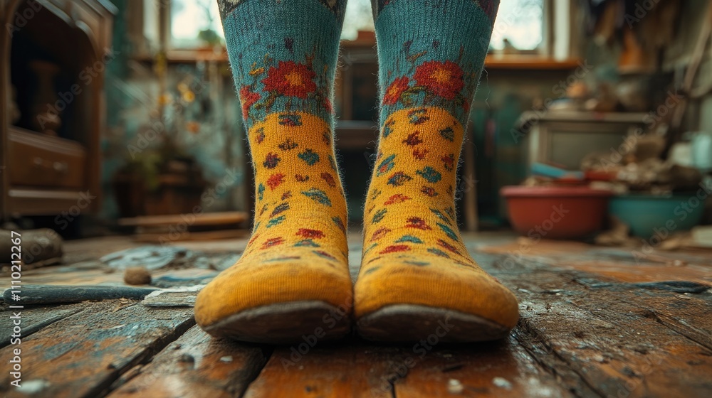 Colorful knitted socks on a person's feet in a rustic wooden environment showcasing cozy home comfort and warmth. Colorful knitted socks on a person's feet in a rustic wooden environment showcasing cozy home comfort and warmth.