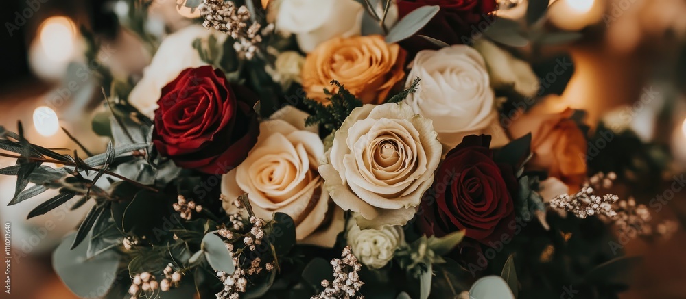 Romantic wedding bouquet featuring a mix of roses and greenery with soft glowing candles in the background creating an enchanting atmosphere Romantic wedding bouquet featuring a mix of roses and greenery with soft glowing candles in the background creating an enchanting atmosphere
