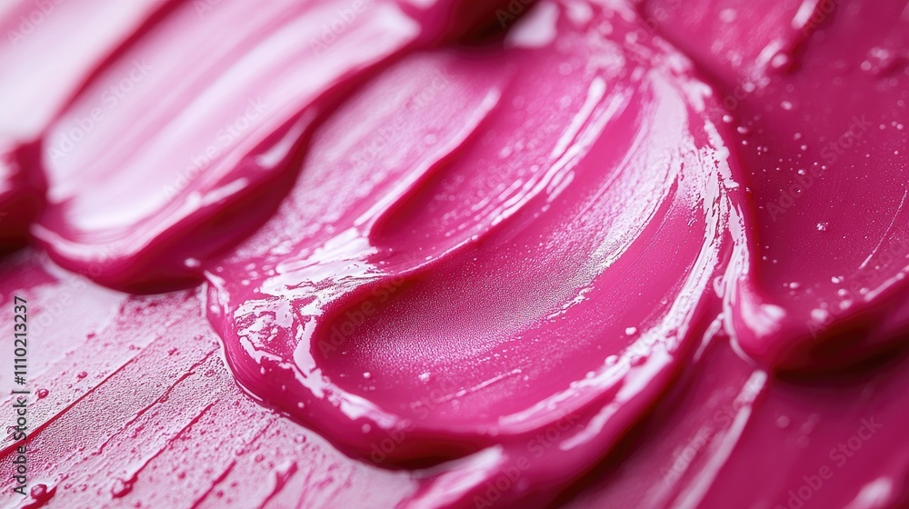Vibrant pink lip gloss texture displayed as a brush stroke on a clean white background showcasing cosmetic product details and artistry. Vibrant pink lip gloss texture displayed as a brush stroke on a clean white background showcasing cosmetic product details and artistry.