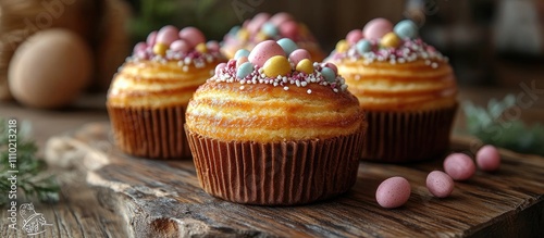 Delicious traditional Easter cakes adorned with colorful sprinkles and chocolate eggs on a rustic wooden surface