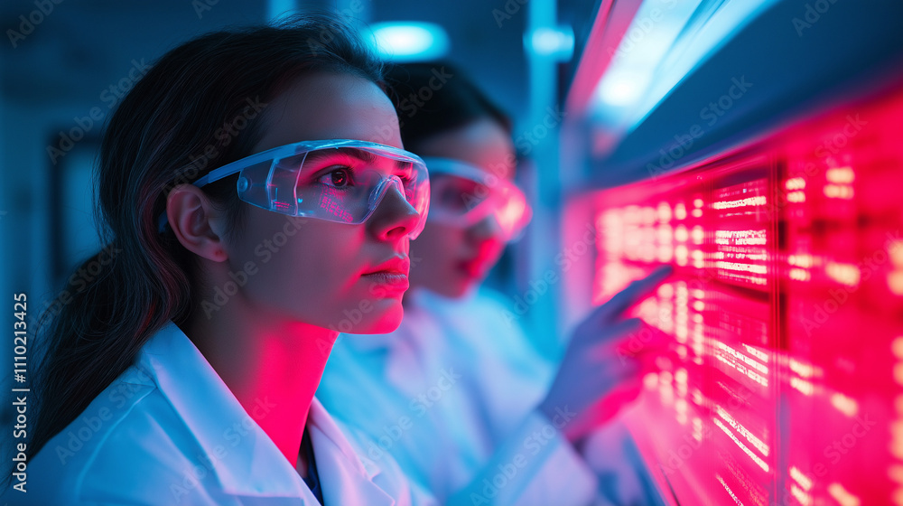 Female scientists analyzing data on glowing screens Female scientists analyzing data on glowing screens