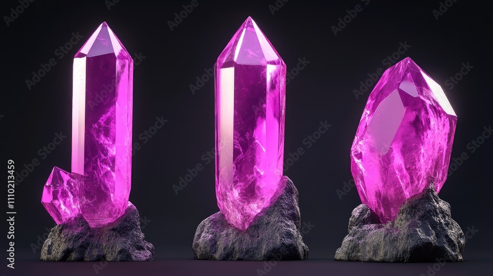 Vibrant pink crystal formations highlighting unique shapes and textures against a dark background showcasing natural beauty and geological marvels Vibrant pink crystal formations highlighting unique shapes and textures against a dark background showcasing natural beauty and geological marvels