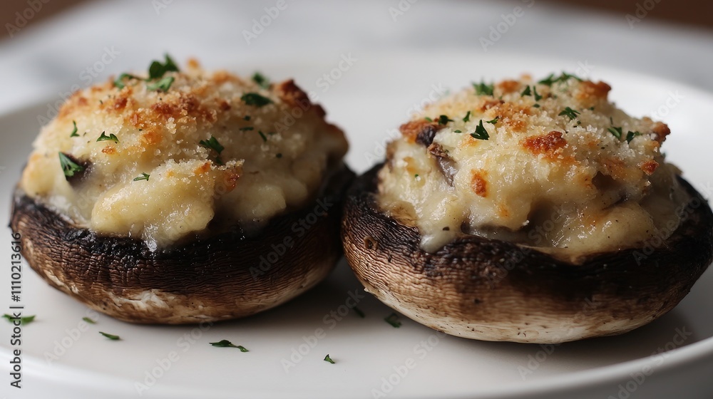 Stuffed mushrooms served as gourmet starters featuring white and Portobello varieties topped with herbs and a crispy crust Stuffed mushrooms served as gourmet starters featuring white and Portobello varieties topped with herbs and a crispy crust