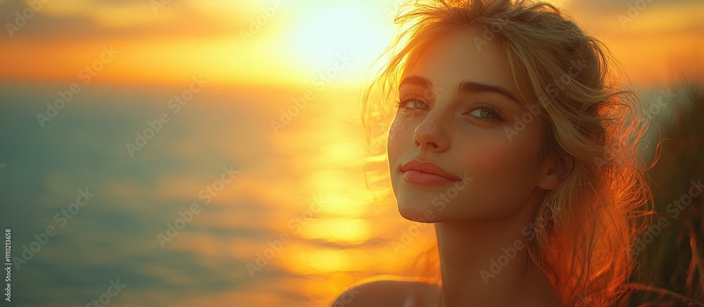 Young woman enjoying sunset by the sea from a cliff with a serene expression and golden light illuminating her features. Young woman enjoying sunset by the sea from a cliff with a serene expression and golden light illuminating her features.