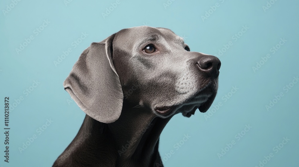Studio portrait of a dog against a light blue background showcasing the dog's expressive features and unique personality in a calm setting Studio portrait of a dog against a light blue background showcasing the dog's expressive features and unique personality in a calm setting