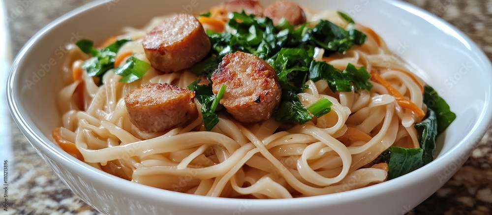 Delicious bowl of Pho noodles topped with savory pork sausage and fresh herbs for an appetizing Asian culinary experience Delicious bowl of Pho noodles topped with savory pork sausage and fresh herbs for an appetizing Asian culinary experience
