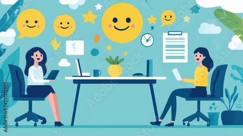 llustration of cheerful workspace with a gratitude board and inspirational quotes, encouraging positivity and reducing workplace stress
