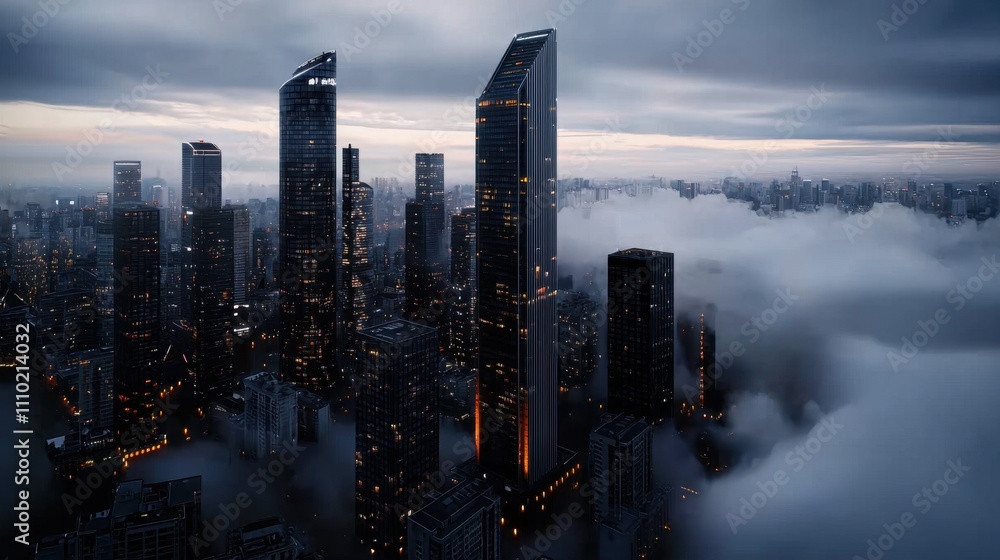 A city skyline with a foggy sky and the buildings are lit up A city skyline with a foggy sky and the buildings are lit up