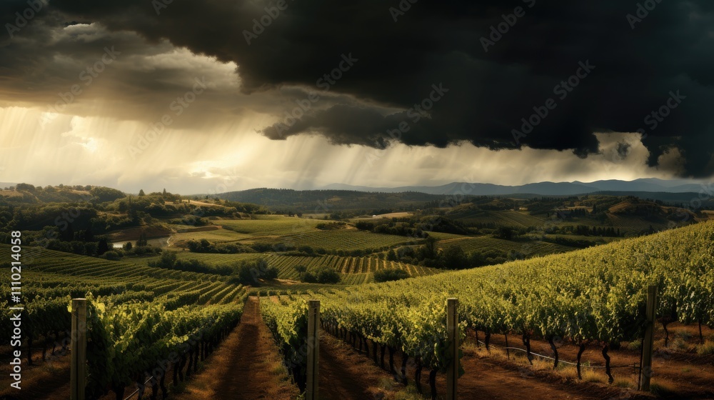 Fototapeta premium Vast vineyards under a dramatic stormy sky with thunderclouds and rolling hills creating a captivating landscape scene.