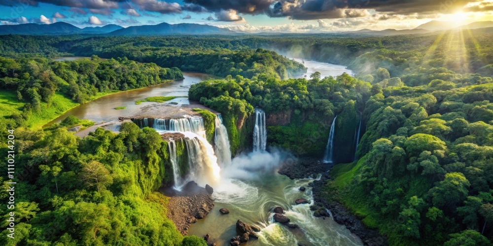 A Serene Waterfall Cascade Amidst Lush Greenery, Bathed in the Golden Light of a Setting Sun A Serene Waterfall Cascade Amidst Lush Greenery, Bathed in the Golden Light of a Setting Sun