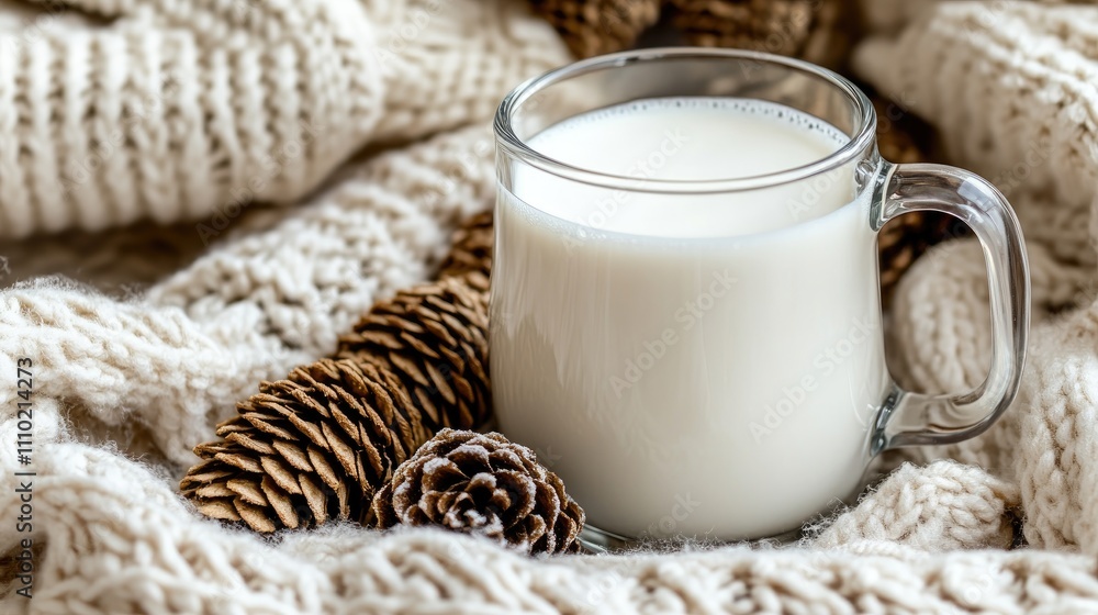 Cozy still life with a glass mug of milk surrounded by pine cones and a warm knitted blanket for a festive winter theme. Cozy still life with a glass mug of milk surrounded by pine cones and a warm knitted blanket for a festive winter theme.