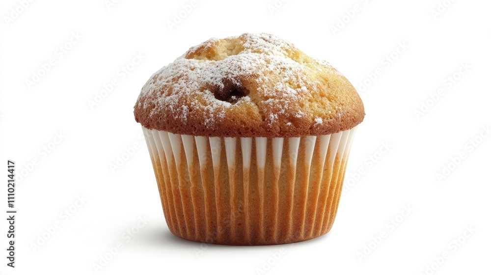 Delicious muffin with powdered sugar isolated on a white background for baking and dessert-themed designs Delicious muffin with powdered sugar isolated on a white background for baking and dessert-themed designs