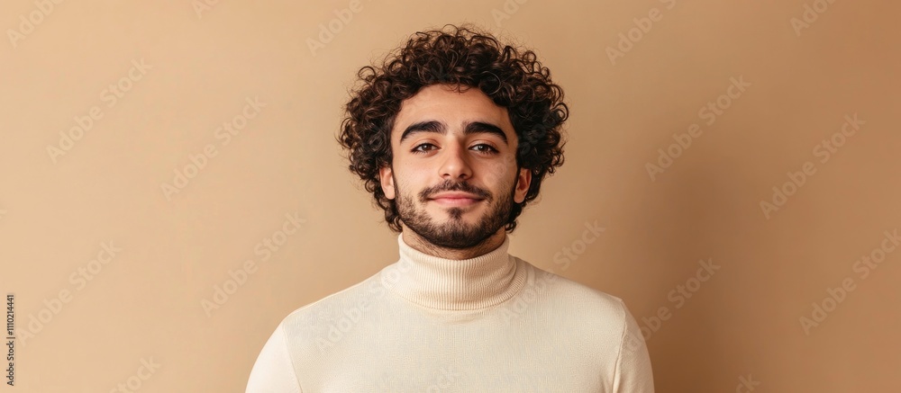 Obraz premium Handsome man with curly hair in a light turtleneck smiling against a beige background capturing a warm and engaging portrait.