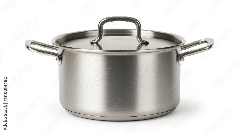 Stainless steel cooking pot with lid on white background for culinary and kitchenware advertising Stainless steel cooking pot with lid on white background for culinary and kitchenware advertising