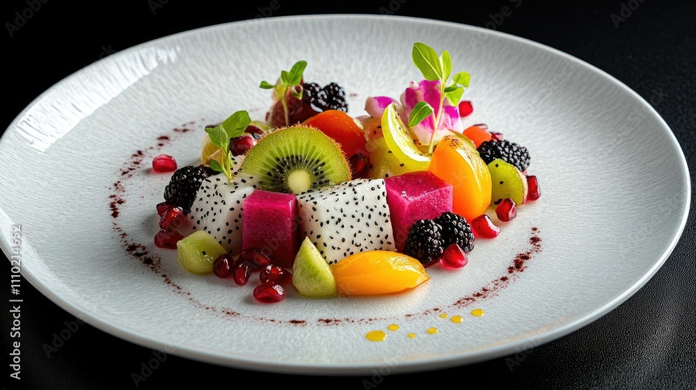 Assorted fresh fruits, including dragon fruit, pomegranate seeds, and sliced kiwi, displayed on a round white plate Assorted fresh fruits, including dragon fruit, pomegranate seeds, and sliced kiwi, displayed on a round white plate