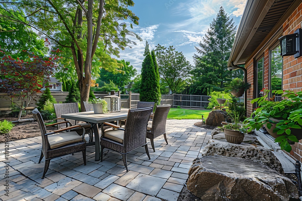 Outdoor patio with chairs and table set for two in the garden Outdoor patio with chairs and table set for two in the garden