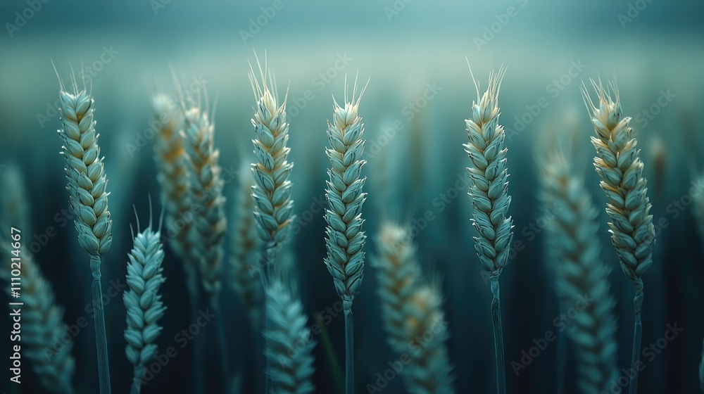 Fresh green wheat ears in a serene field setting with a soft focus and a tinted atmosphere conveying tranquility and nature's beauty. Fresh green wheat ears in a serene field setting with a soft focus and a tinted atmosphere conveying tranquility and nature's beauty.