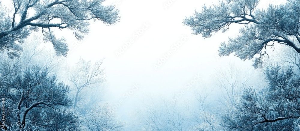 Winter scene featuring frosted pine tree branches against a misty white background creating a serene and tranquil atmosphere. Winter scene featuring frosted pine tree branches against a misty white background creating a serene and tranquil atmosphere.