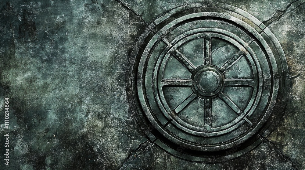 Naklejka premium Vintage metal manhole cover design on cracked asphalt surface showcasing industrial textures and urban street elements.