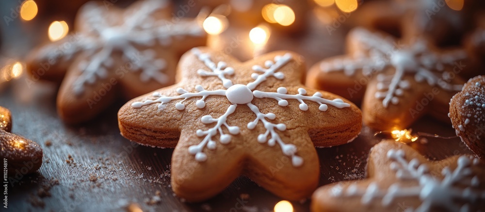 Festive gingerbread cookies decorated with icing and lights for a cozy holiday atmosphere Festive gingerbread cookies decorated with icing and lights for a cozy holiday atmosphere
