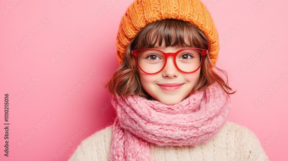 Charming girl in trendy outfit with glasses and orange beanie smiling against colorful pink background showcasing joyful expression and style Charming girl in trendy outfit with glasses and orange beanie smiling against colorful pink background showcasing joyful expression and style