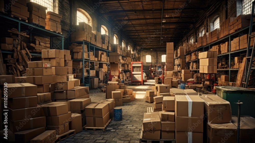 Spacious warehouse interior filled with stacked cardboard boxes and organized shelving for storage and logistics operations Spacious warehouse interior filled with stacked cardboard boxes and organized shelving for storage and logistics operations