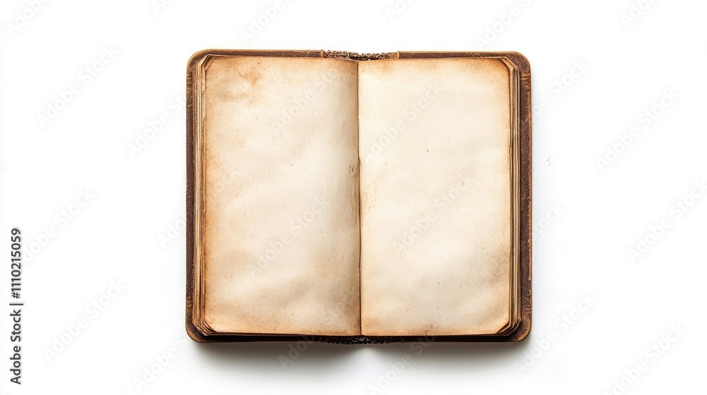 Fototapeta premium Vintage sketchbook with empty aged pages showcased against a clean white background for art and creative design concepts.
