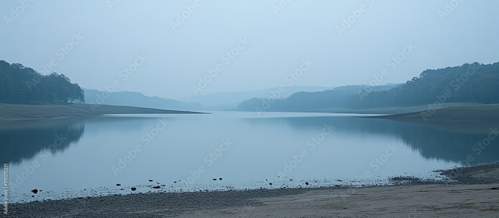 Fototapeta premium Serene lake landscape under a misty sky with calm waters reflecting the tranquil surroundings and distant hills.