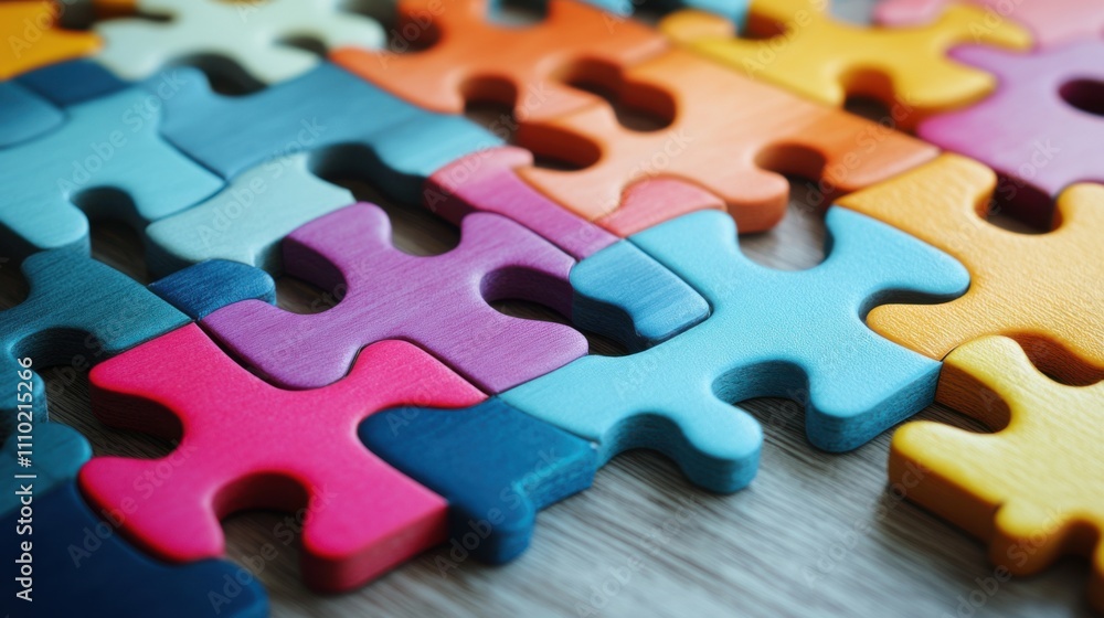 An abstract assembly of multi-colored interlocking puzzle pieces forming a unified, cohesive image on a clean surface, Symbolizing the integration of diverse elements into a single An abstract assembly of multi-colored interlocking puzzle pieces forming a unified, cohesive image on a clean surface, Symbolizing the integration of diverse elements into a single