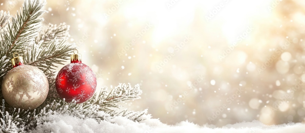 Pink and red Christmas ornaments on a snow-covered pine tree branch creating a festive winter scene with soft glowing background lights. Pink and red Christmas ornaments on a snow-covered pine tree branch creating a festive winter scene with soft glowing background lights.