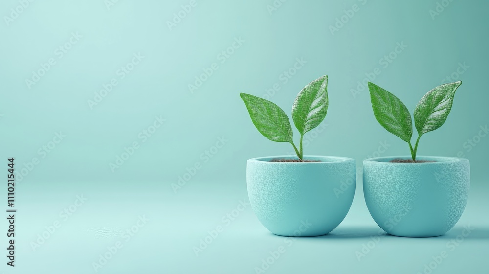 Nurturing Growth and Success Concept with Fresh Green Plants in Modern Pots on Soft Blue Background Nurturing Growth and Success Concept with Fresh Green Plants in Modern Pots on Soft Blue Background