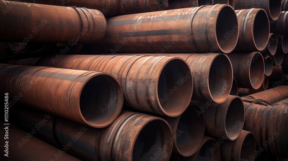 Rusty rolled metal pipes stacked for shipment at a port showcasing industrial storage and transportation of steel materials. Rusty rolled metal pipes stacked for shipment at a port showcasing industrial storage and transportation of steel materials.